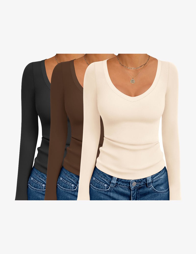 3-Pack Langarmshirts mit tiefem V-Ausschnitt, schwarz/braun/creme Basic Thermal Top