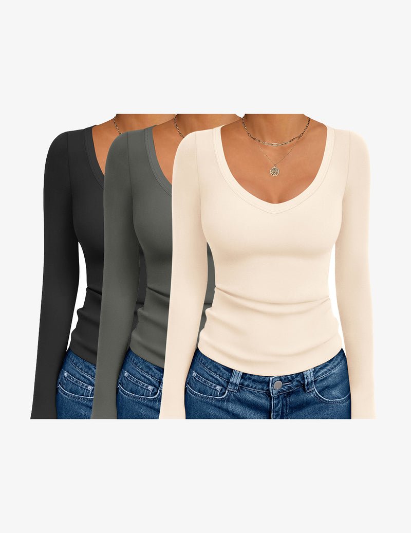 3-Pack Langarmshirts mit tiefem V-Ausschnitt, schwarz/dunkelgrün/creme Basic Thermal Top