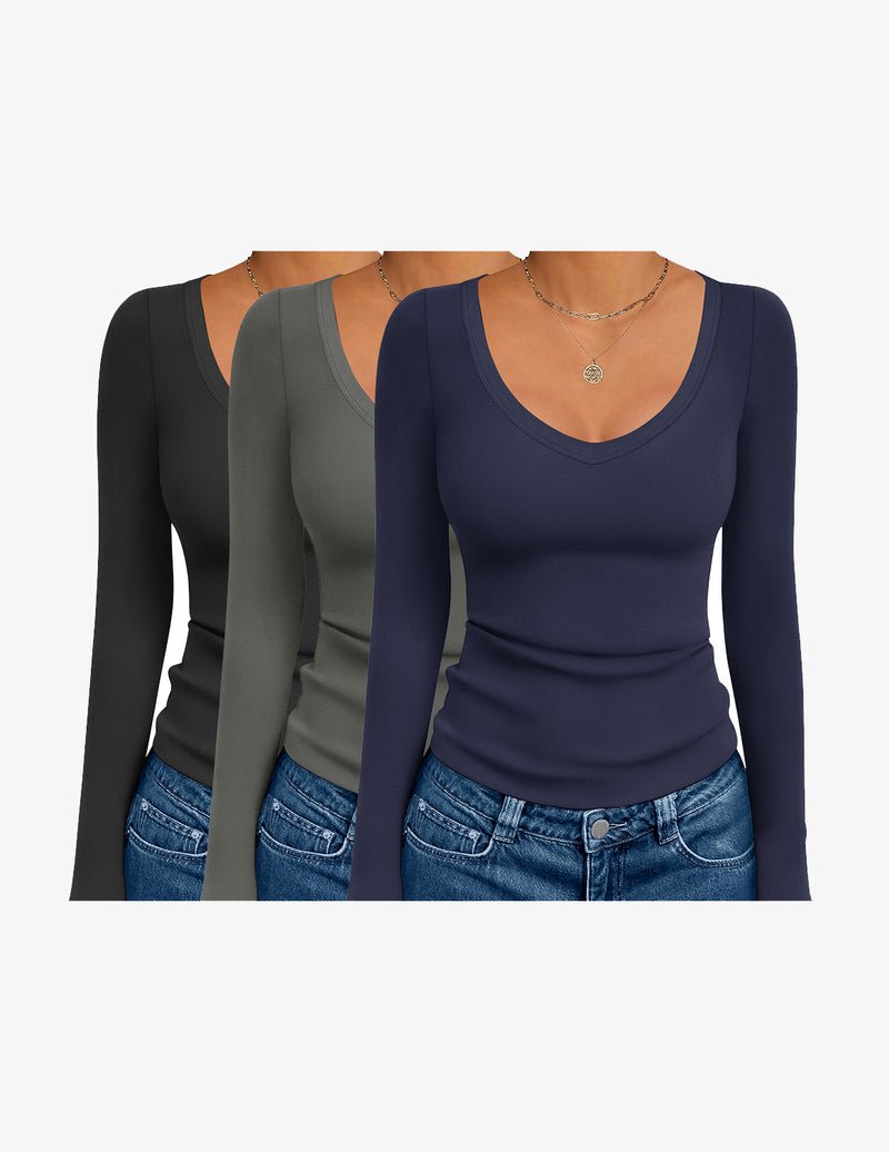 3er Pack langarm Thermo-Tops mit V-Ausschnitt: schwarz, dunkelgrün, navy.