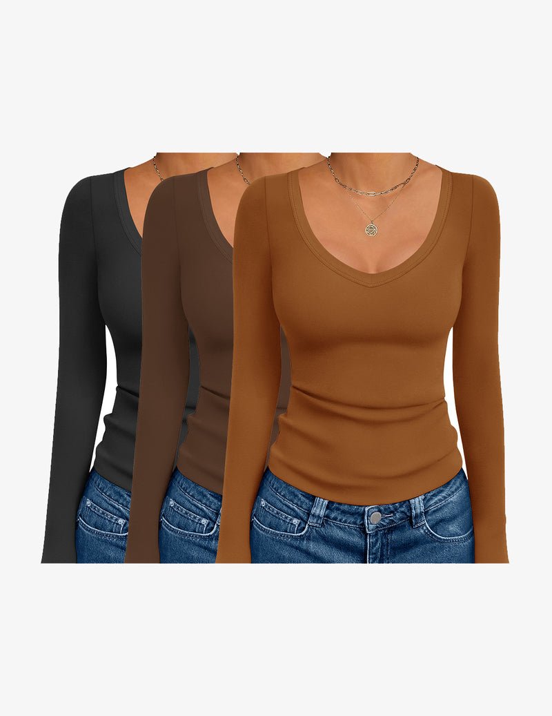 3er Pack langarm Thermo-Tops mit V-Ausschnitt: schwarz, braun, karamell.