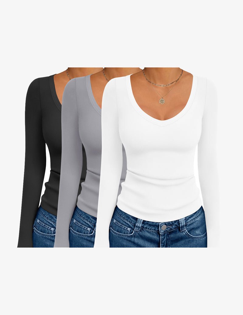 3er Pack langarm Thermo-Tops mit V-Ausschnitt: schwarz, grau, weiß.