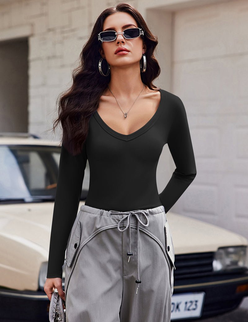 Langarm-Basic-Top mit tiefem V-Ausschnitt in Schwarz (3er Pack, Unterzieher)