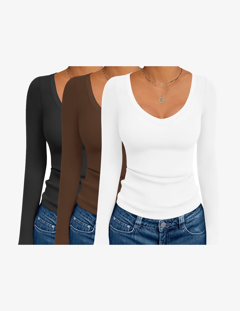3-Pack Langarmshirts mit tiefem V-Ausschnitt, schwarz/dunkelbraun/weiß Basic Thermal Top
