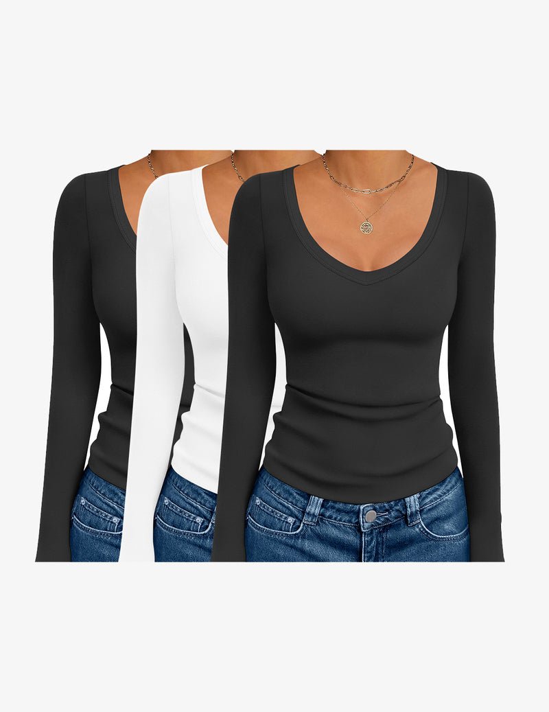 3-Pack Langarmshirts mit tiefem V-Ausschnitt, schwarz/weiß/braun, Basic Thermal Top