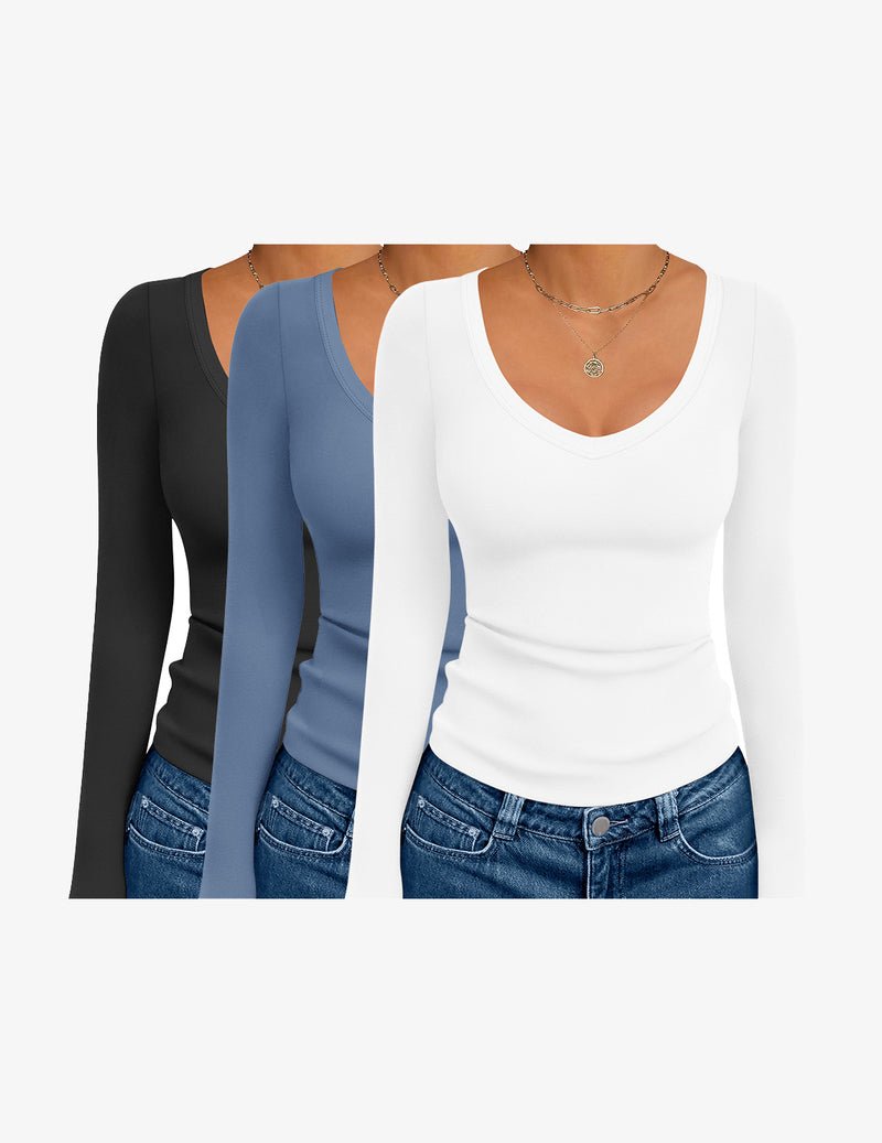 3-Pack Langarmshirts mit tiefem V-Ausschnitt, schwarz/blau/weiß Basic Thermal Top
