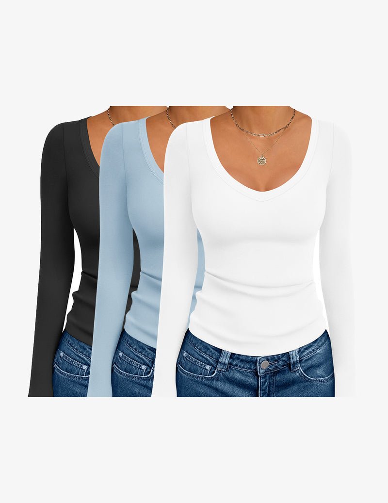 3er Pack langarm Thermo-Tops mit V-Ausschnitt: schwarz, hellblau, weiß.