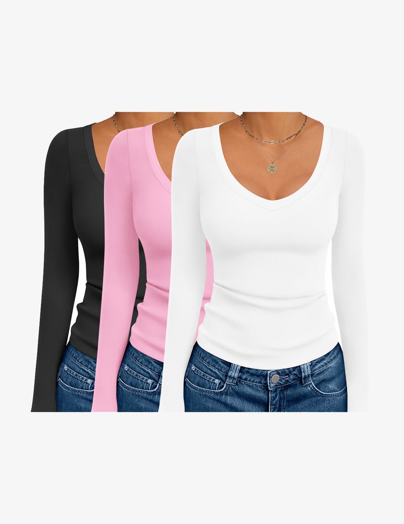 3-Pack Langarmshirts mit tiefem V-Ausschnitt, schwarz/pink/weiß Basic Thermal Top