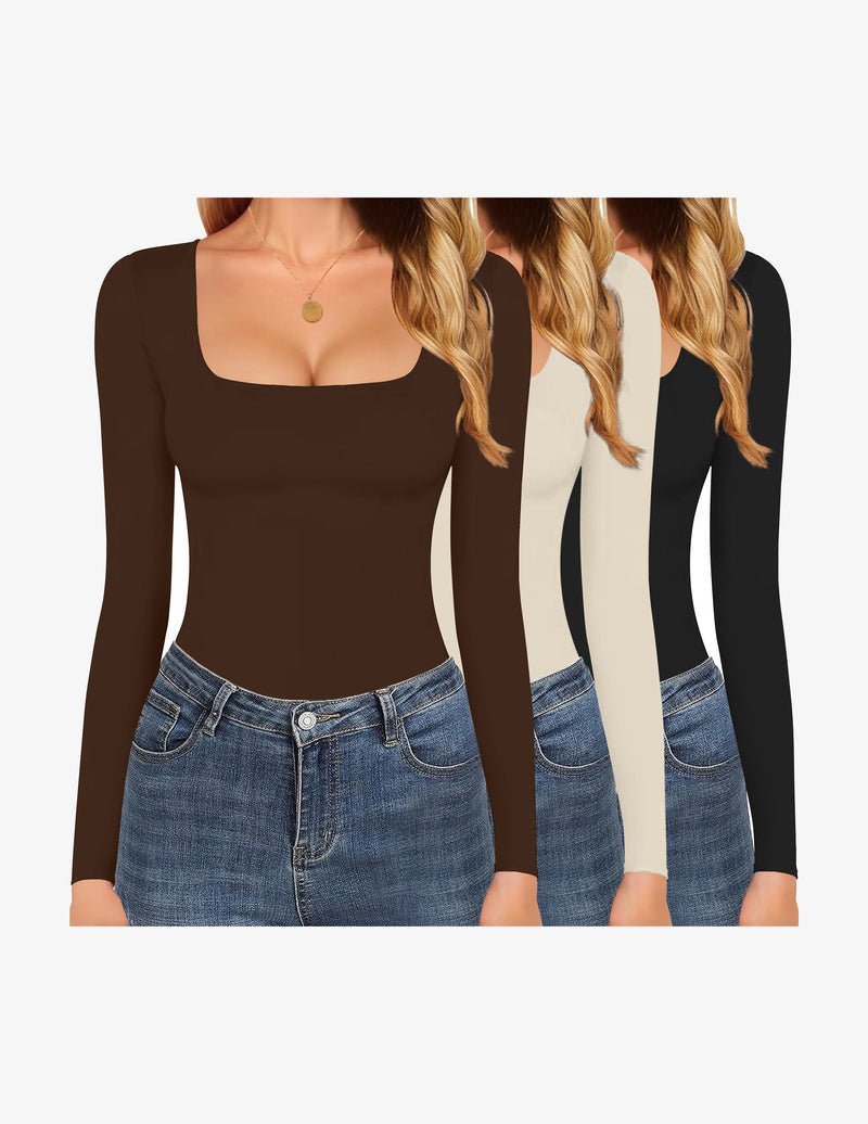 Long-sleeve square-neck basic tops: chocolate, white, and black
