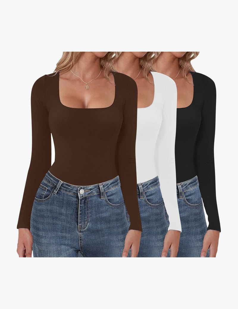 Long-sleeve square-neck basic tops: dark brown, white, and black