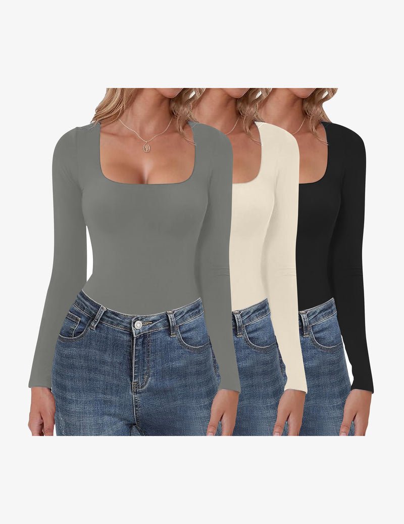 3er-Set Longsleeve mit eckigem Ausschnitt, dunkelgrau, creme und schwarz