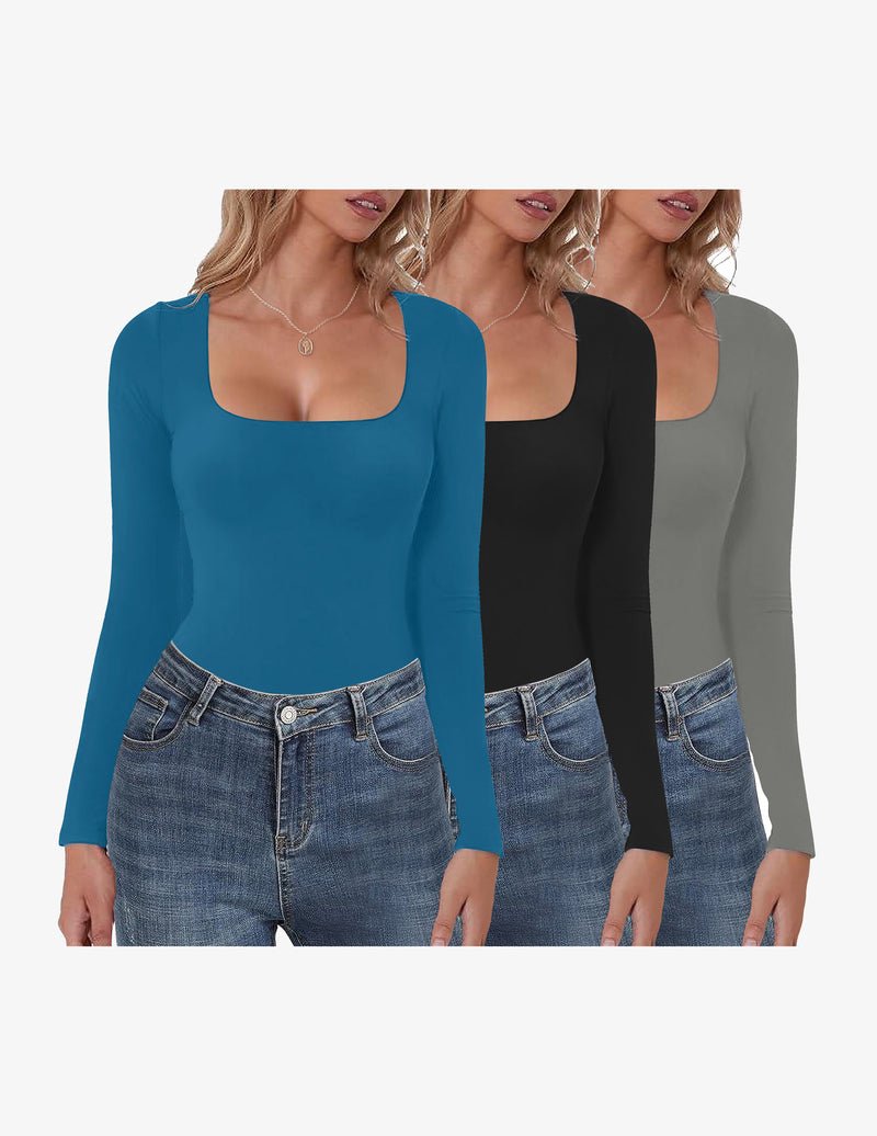 Long-sleeve square-neck basic tops in teal, black, and charcoal