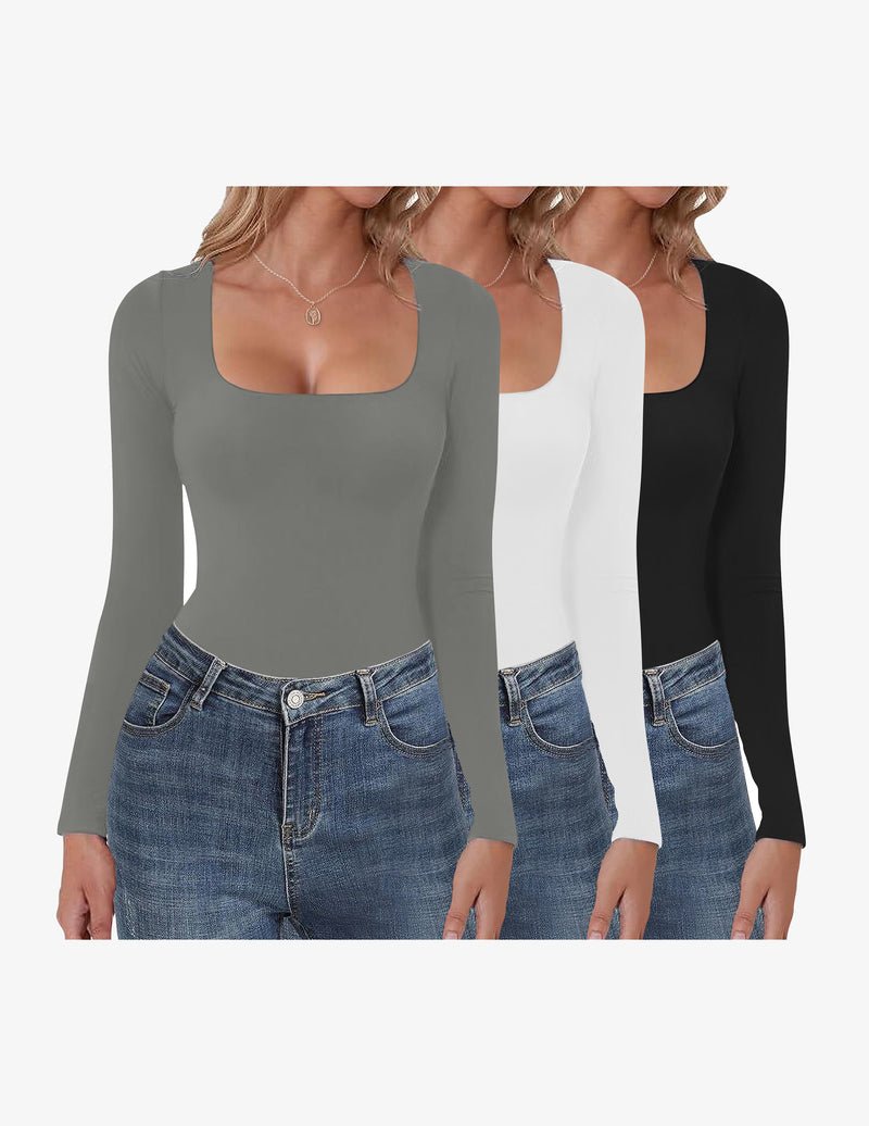 Long-sleeve square-neck basic tops: gray, white, and black