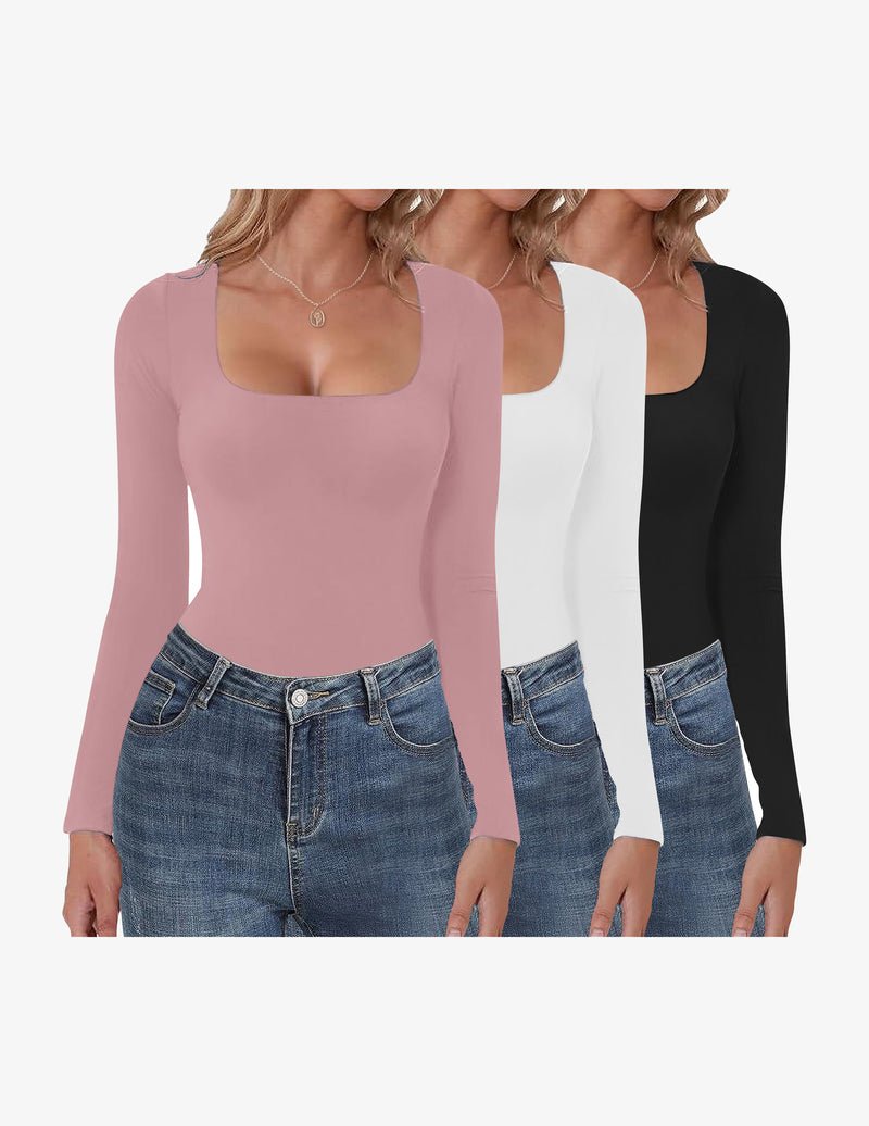 3er-Set Longsleeve mit eckigem Ausschnitt, mauve, weiß und schwarz