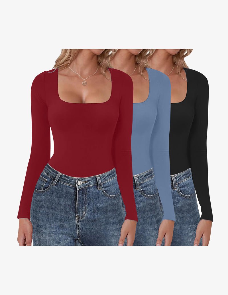 3er-Set Longsleeve mit eckigem Ausschnitt, weinrot, blau und schwarz