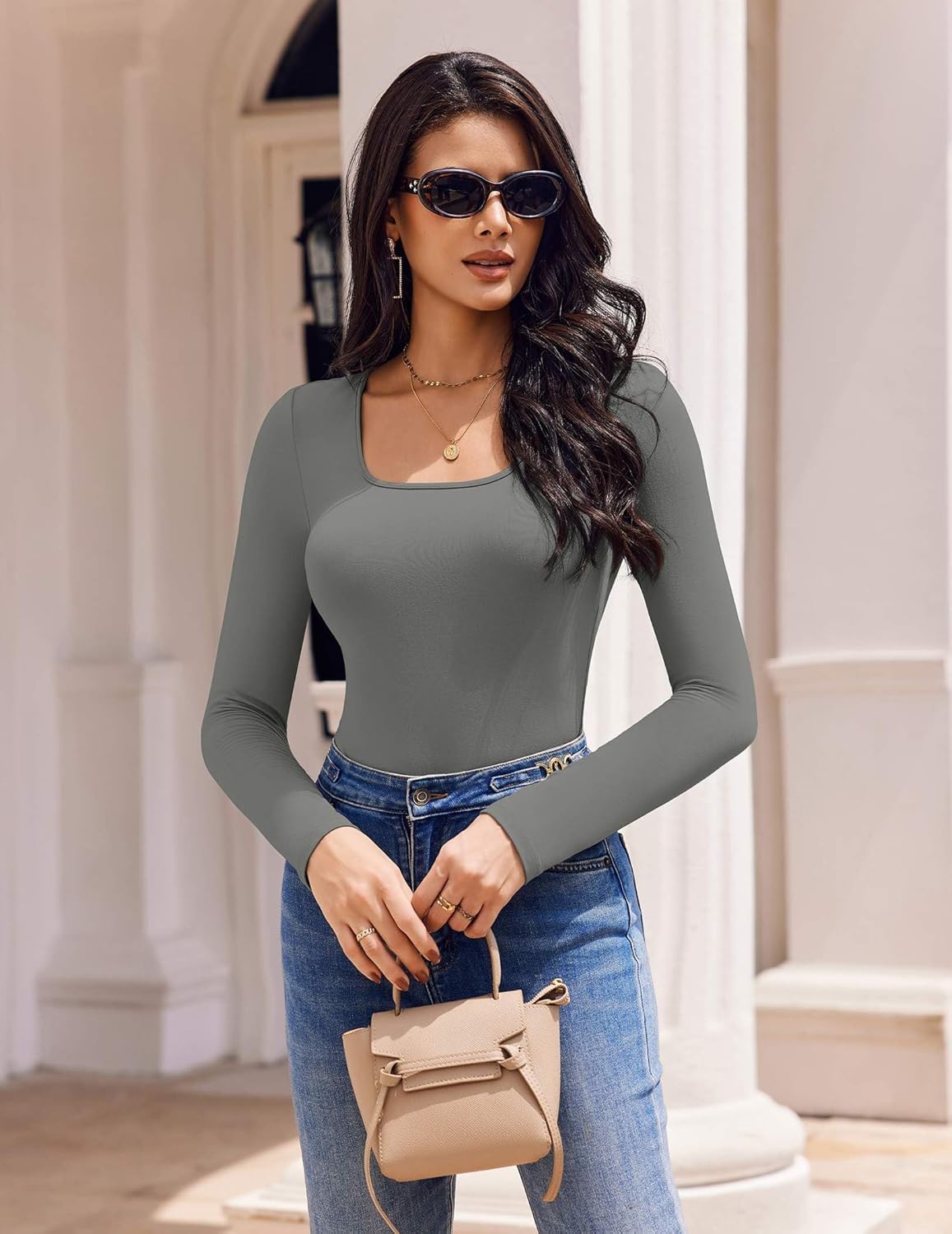 Longsleeve Basic mit eckigem Ausschnitt, dunkelgrün-grau
