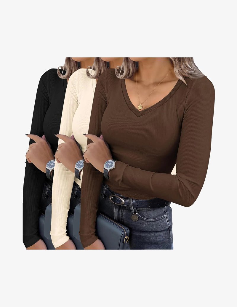 3er-Set Langarmshirts V-Ausschnitt, gerippt, schmal; Schwarz/Beige/Braun