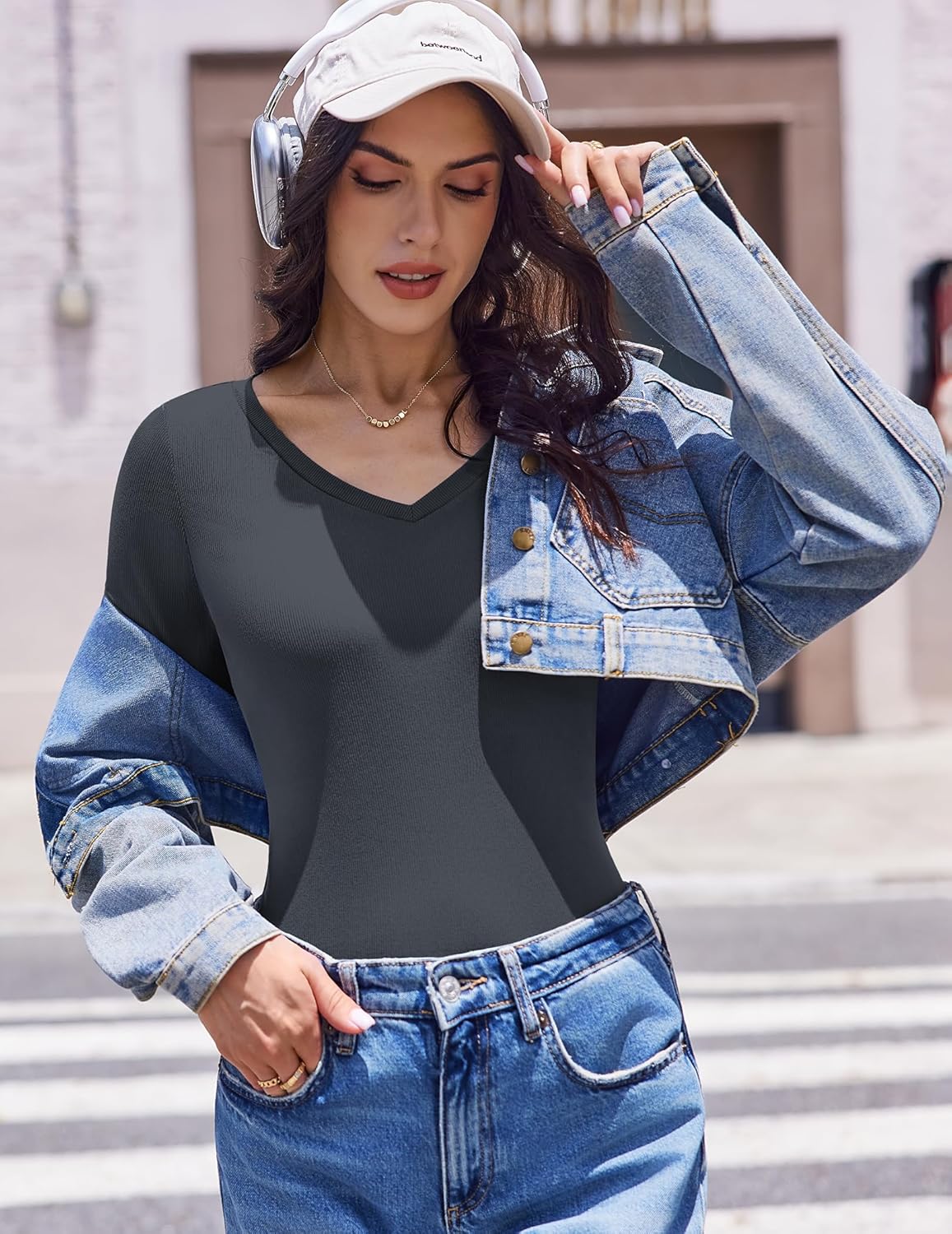 3 Pack long sleeve V-neck ribbed slim-fit top, black