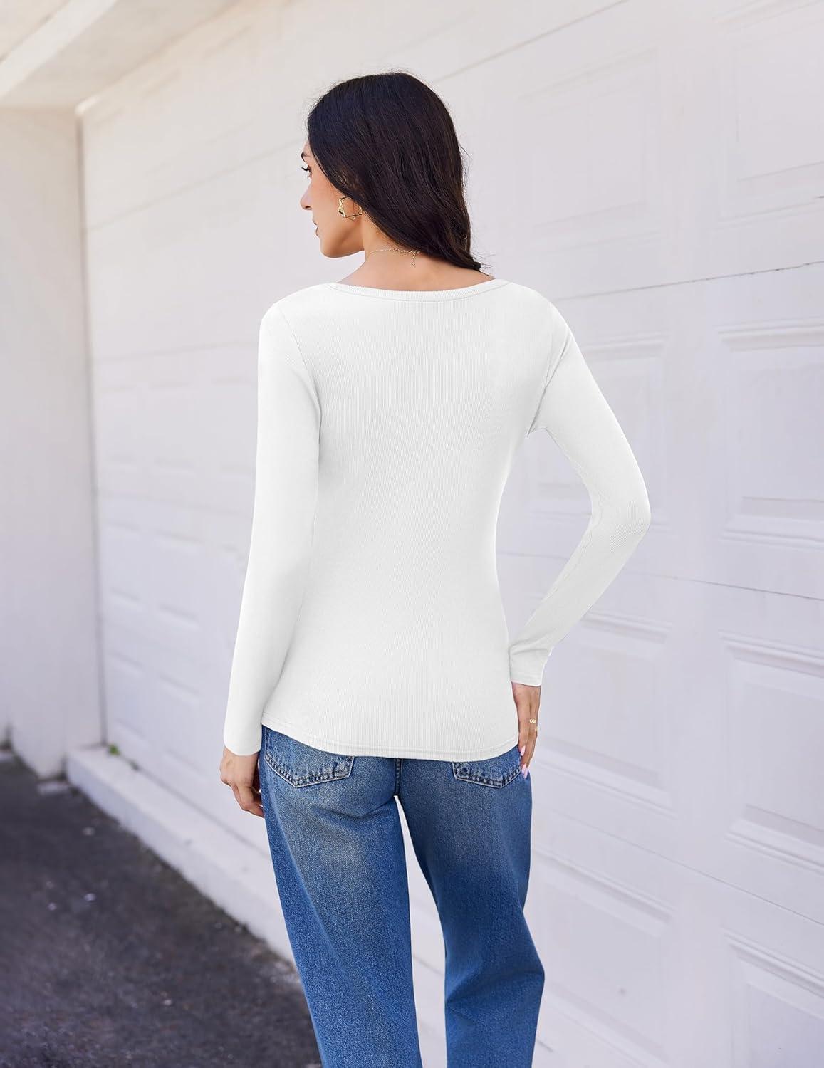 Long sleeve V-neck ribbed slim-fit top, white (back view)
