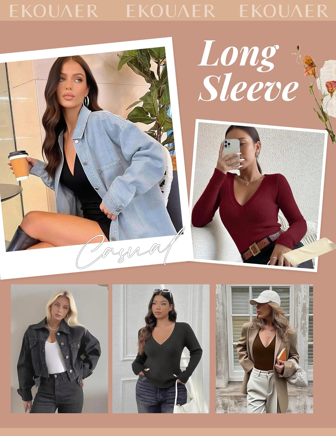 Long Sleeve V-Ausschnitt Rippstrick Shirts in mehreren Farben (Collage)