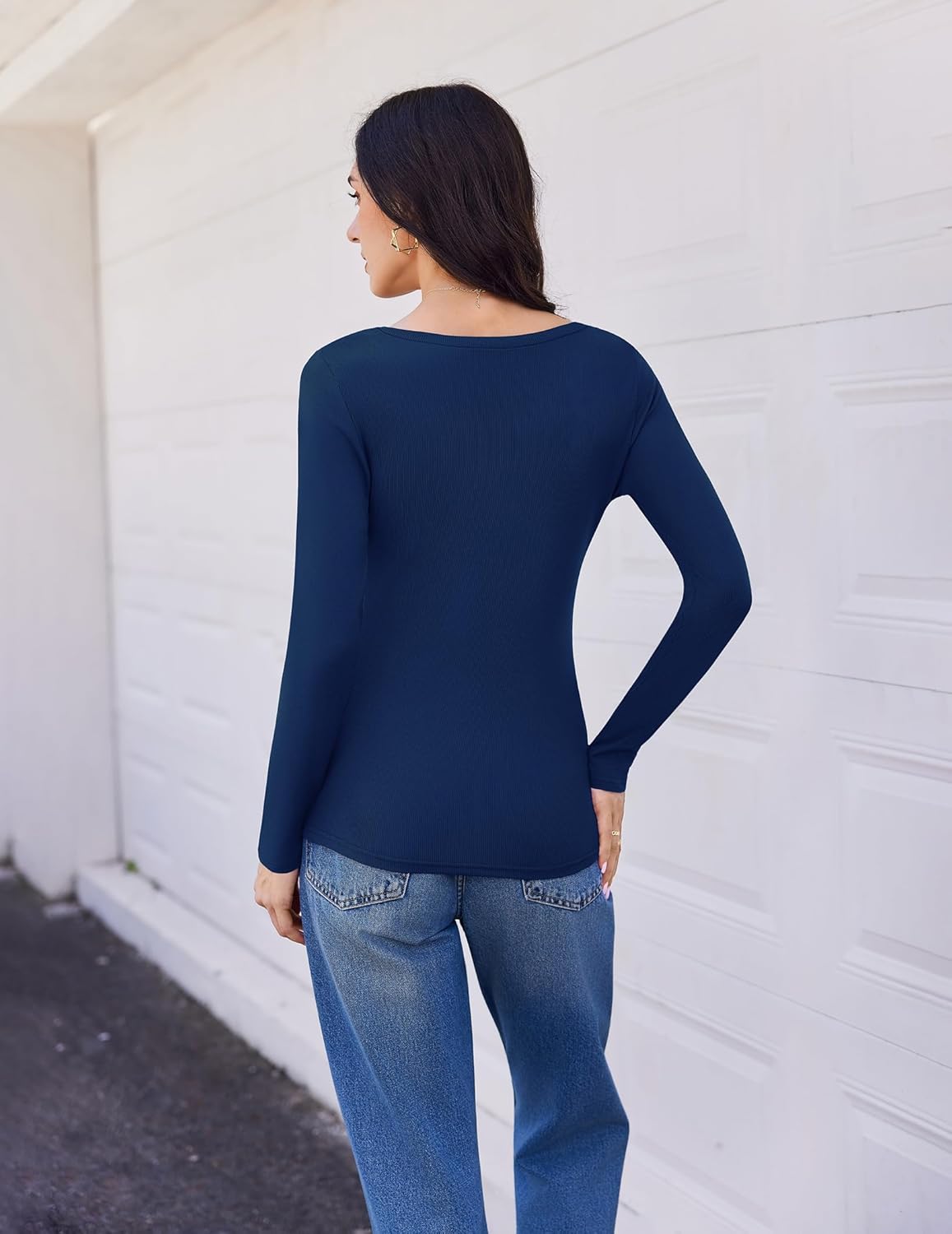 Long sleeve V-neck ribbed slim-fit top, dark navy (back view)