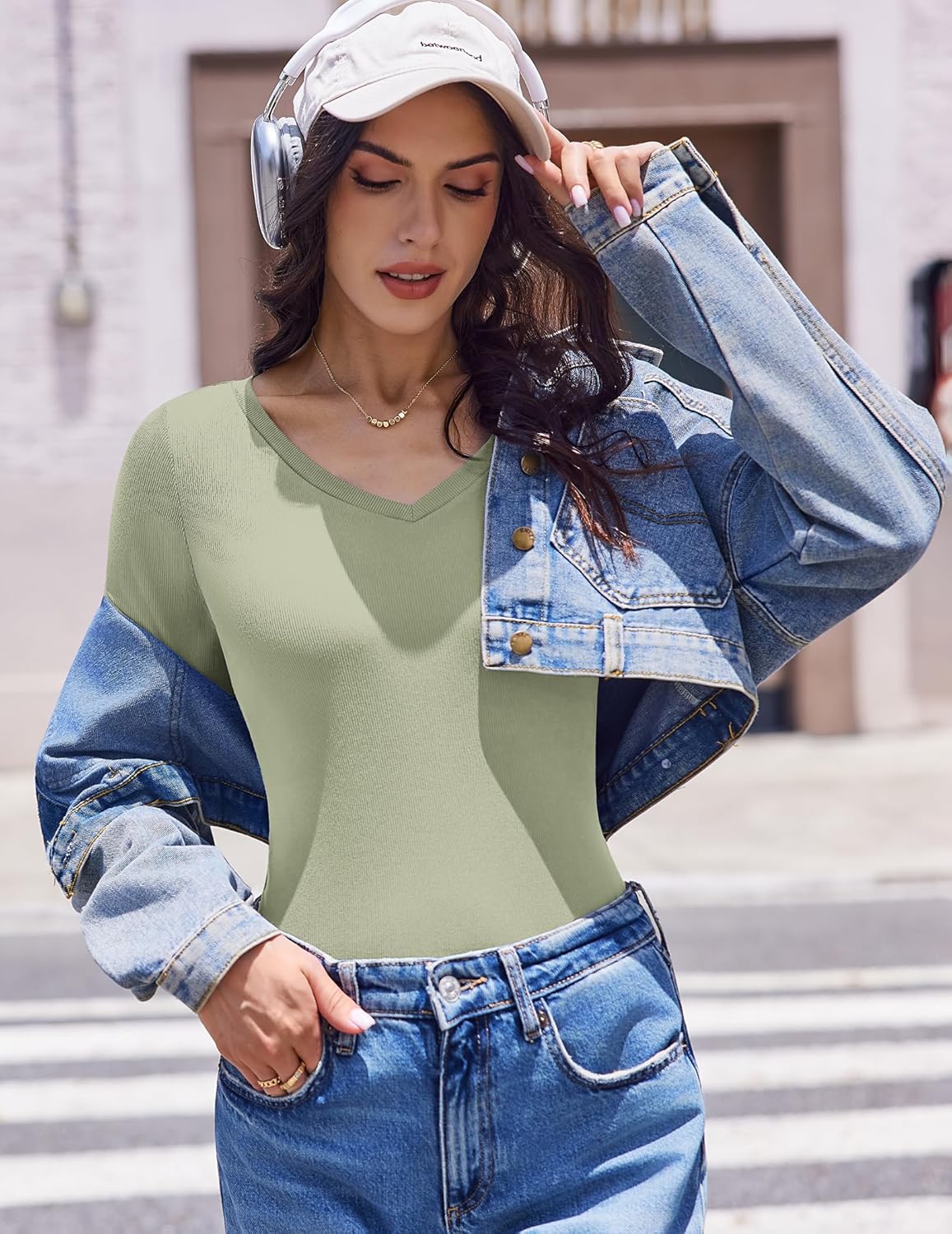 Long sleeve V-neck ribbed slim-fit top, sage green