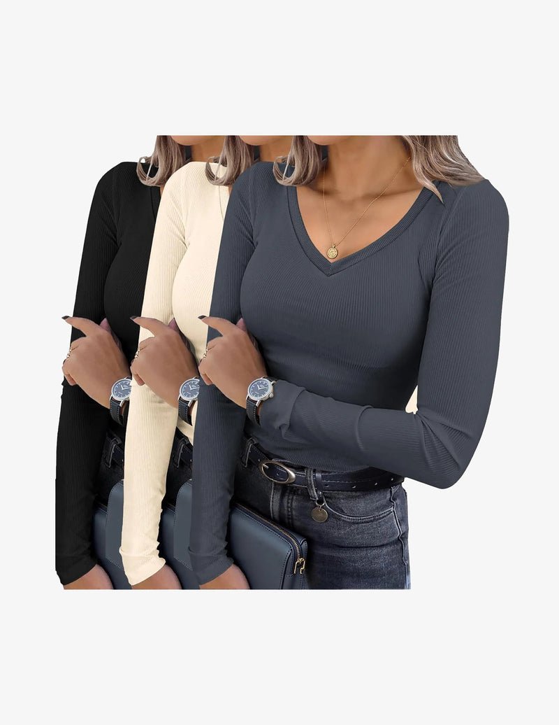3er-Set Langarm-V-Ausschnitt Rippstrick Slim-Fit Shirts: schwarz, ecru, navy-blau