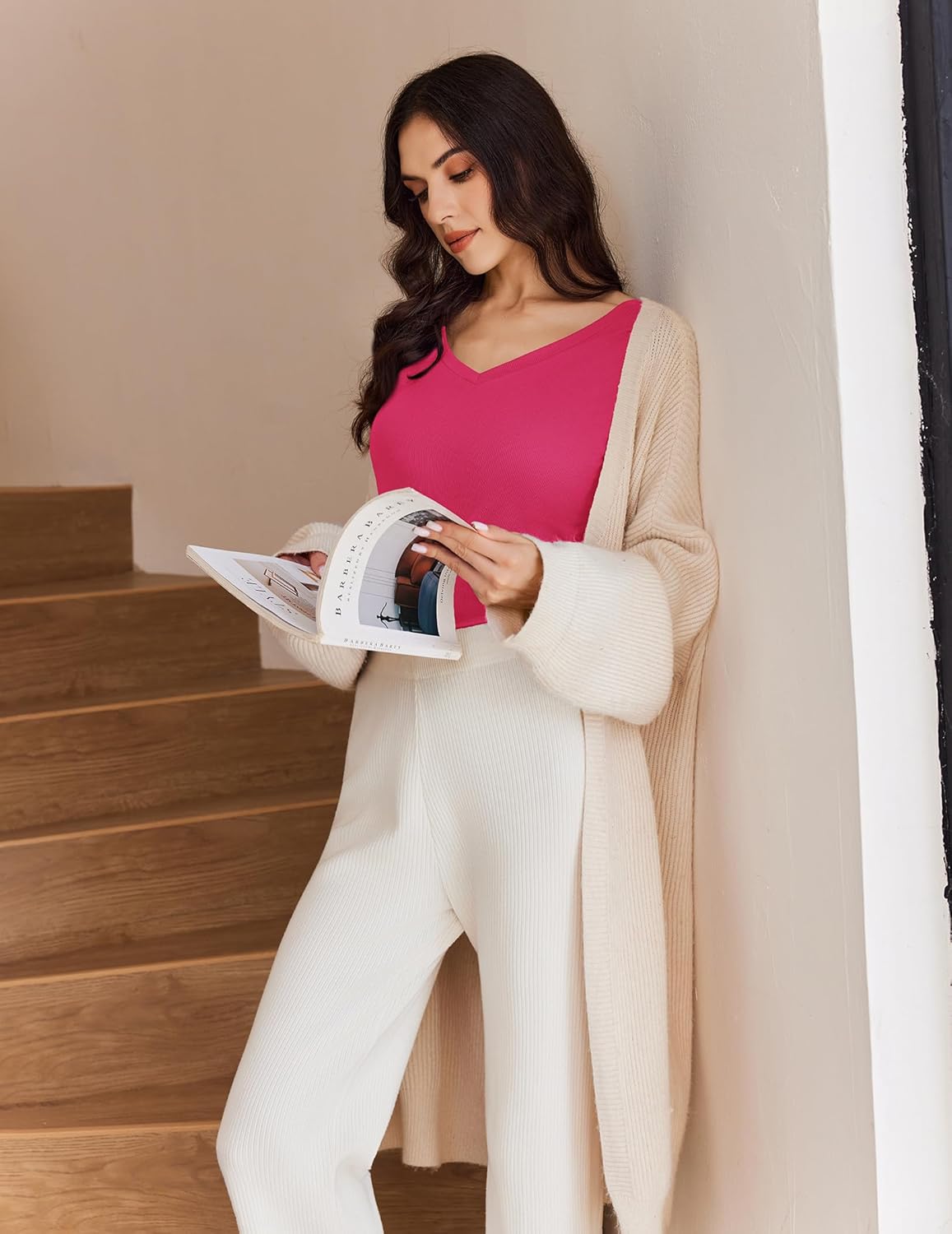 Longsleeve V-Ausschnitt, gerippte Slim-Fit Basic-Top in Rosarot