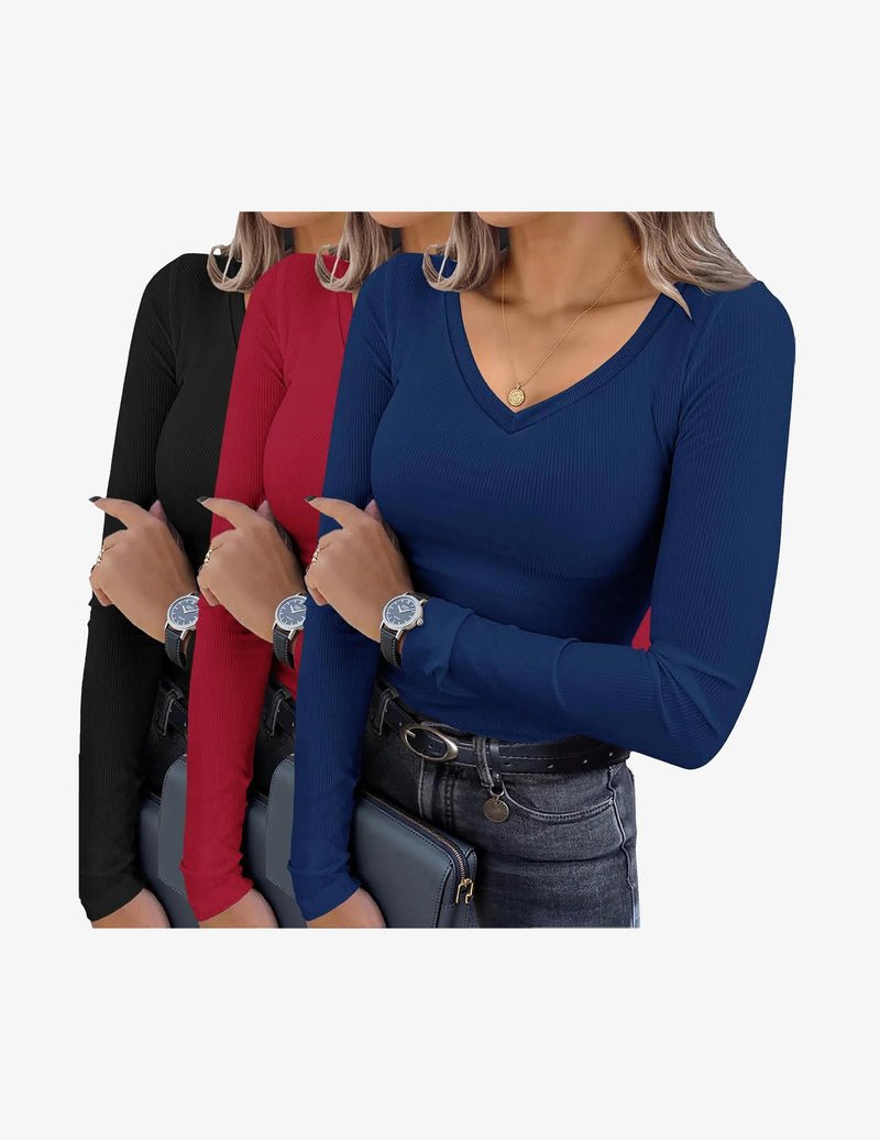 3er-Set Langarmshirts V-Ausschnitt, gerippt, schmal; Schwarz/Navy/Rot