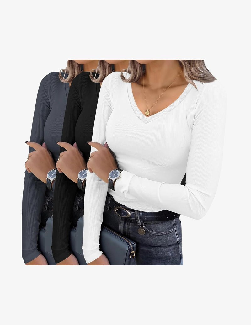 3er-Set Langarmshirts mit V-Ausschnitt, gerippt, schmal geschnitten; Schwarz/Weiß/Dunkelgrau