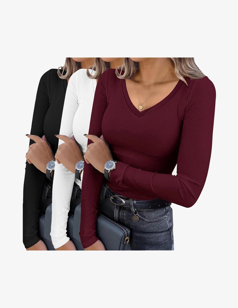3er-Set Langarmshirts V-Ausschnitt, gerippt, schmal; Schwarz/Weiß/Dunkelrot