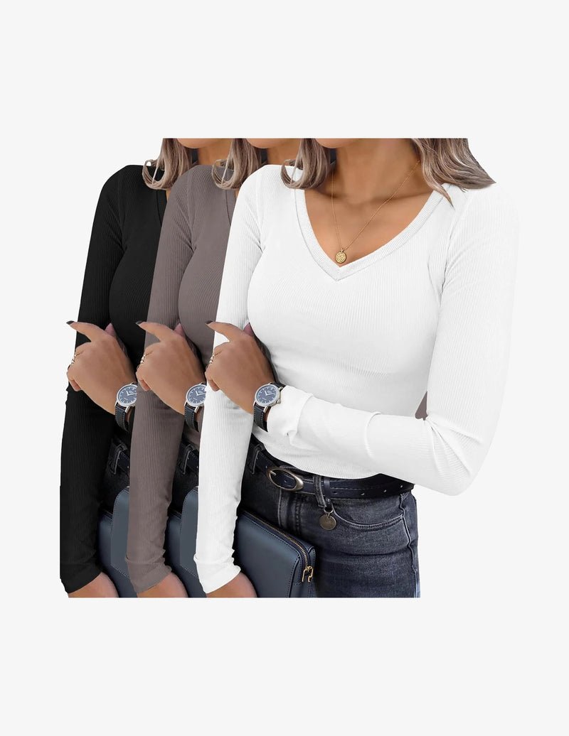 3er-Set Langarm-V-Ausschnitt Rippstrick Slim-Fit Shirts: schwarz, dunkelgrau, weiß
