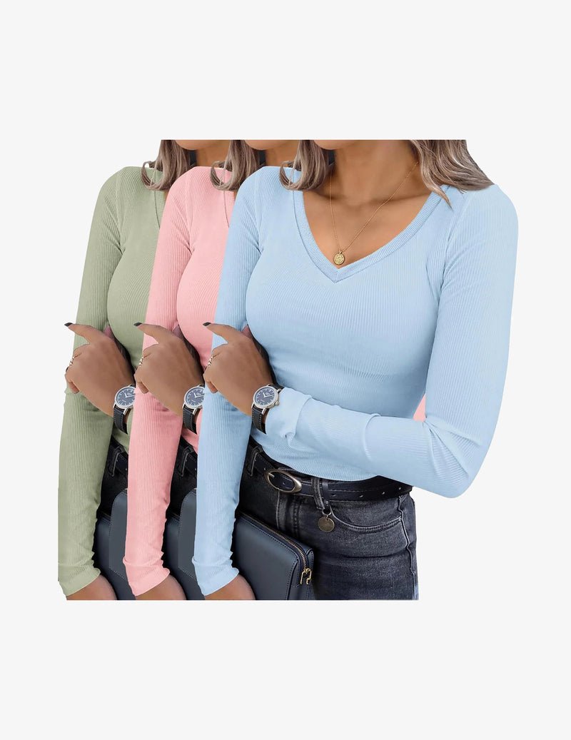 3er-Set Langarmshirts V-Ausschnitt, gerippt, schmal; Hellblau/Pink/Hellgrün
