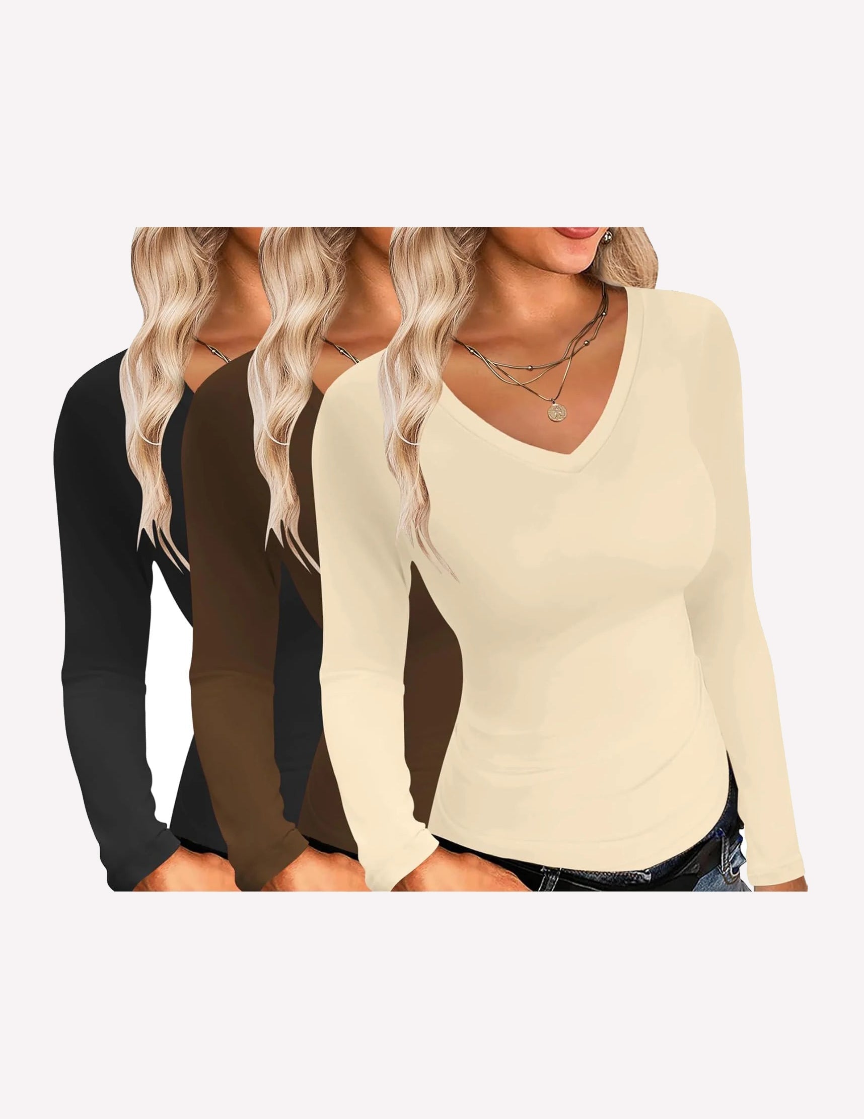 V-neck long sleeve slim fit tops, black, tan, cream (3-pack)