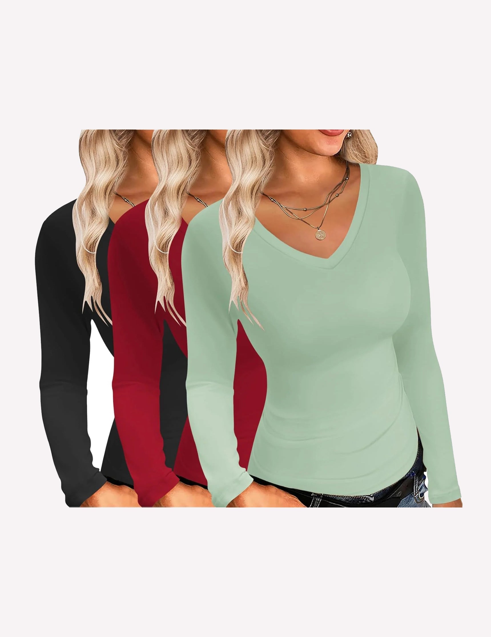V-neck long sleeve slim fit tops, black, red, green (3-pack)