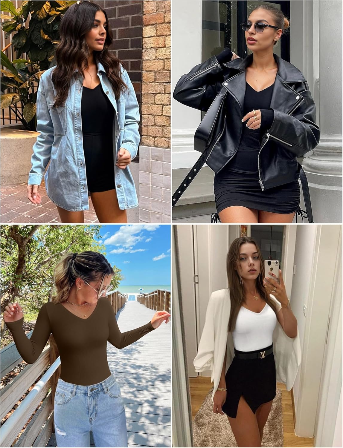 V-neck long-sleeve slim-fit tops in assorted colors