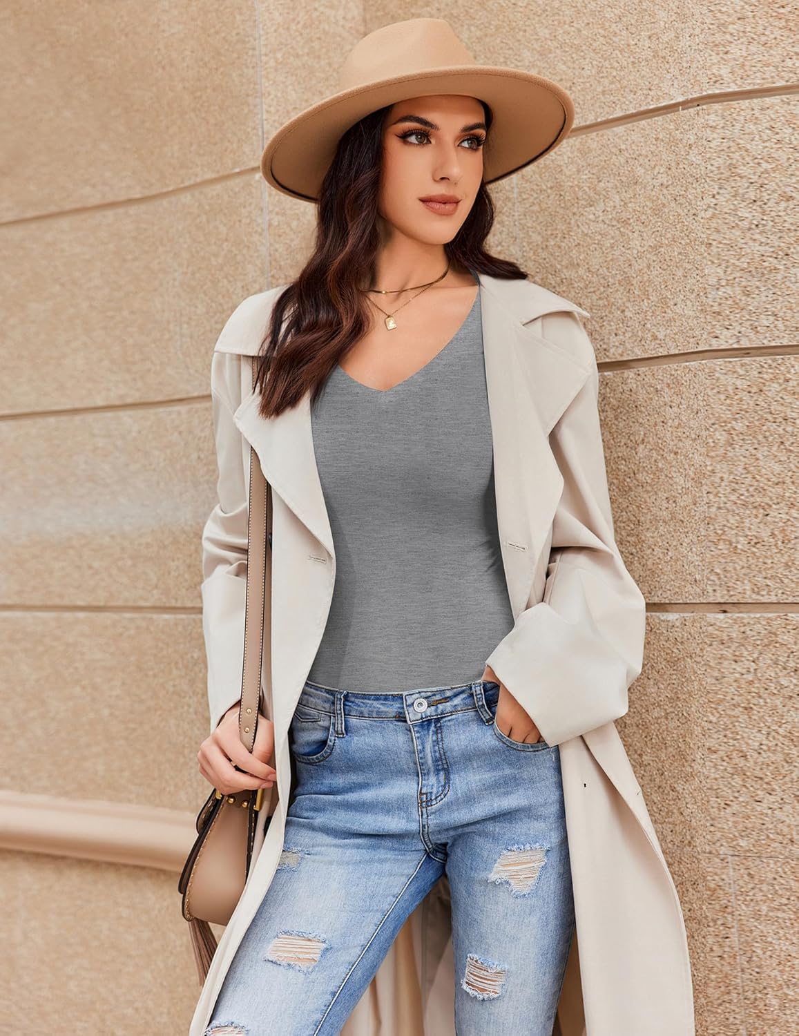 Gray V-neck long sleeve slim fit top