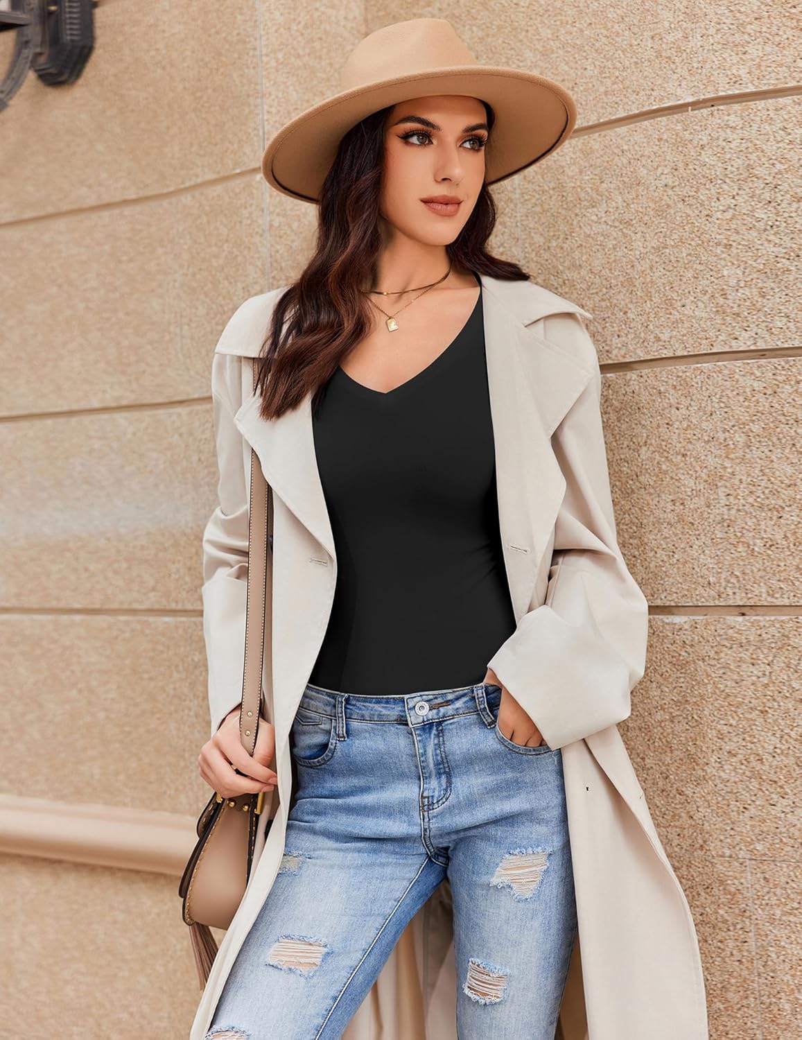 V-neck long-sleeve slim-fit shirt under open coat, black