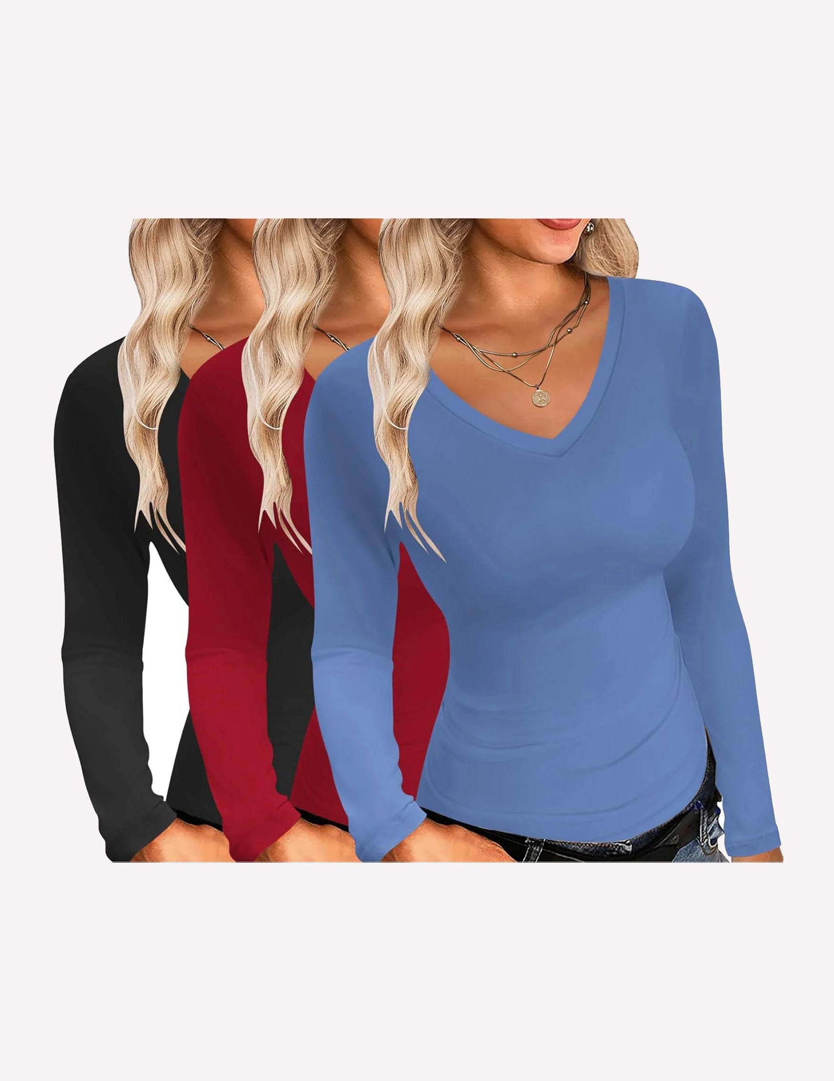 3-pack V-neck long sleeve slim-fit shirts (black, red, blue)
