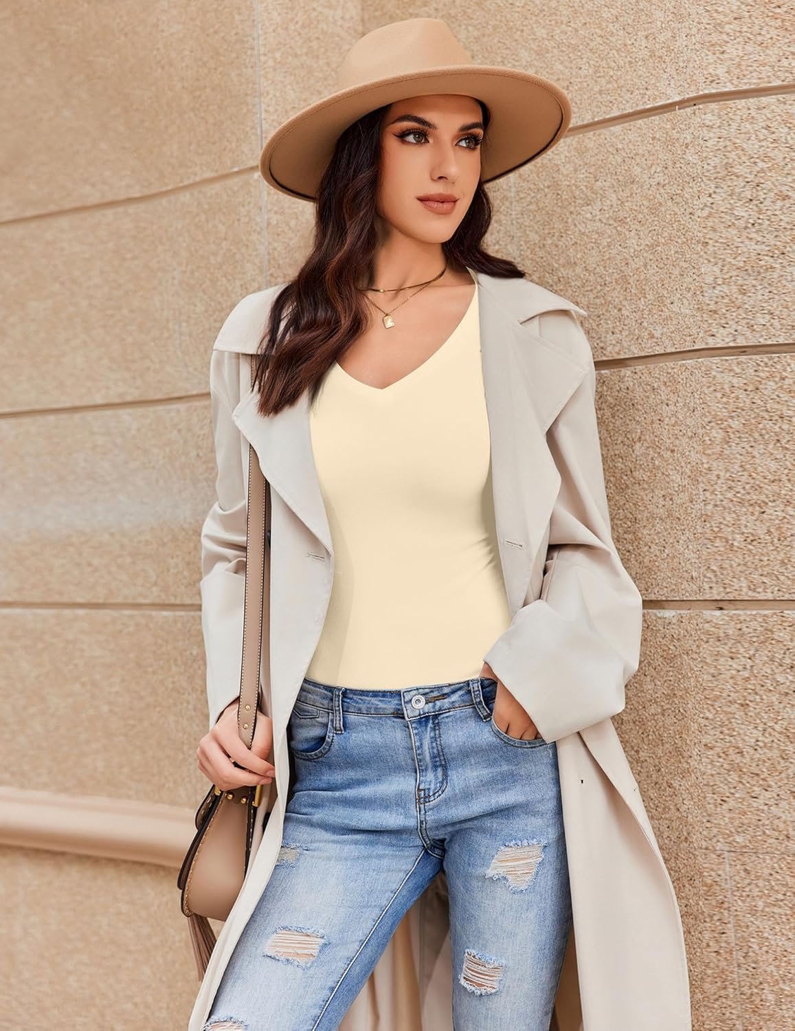 V-neck long-sleeve slim-fit shirt in cream