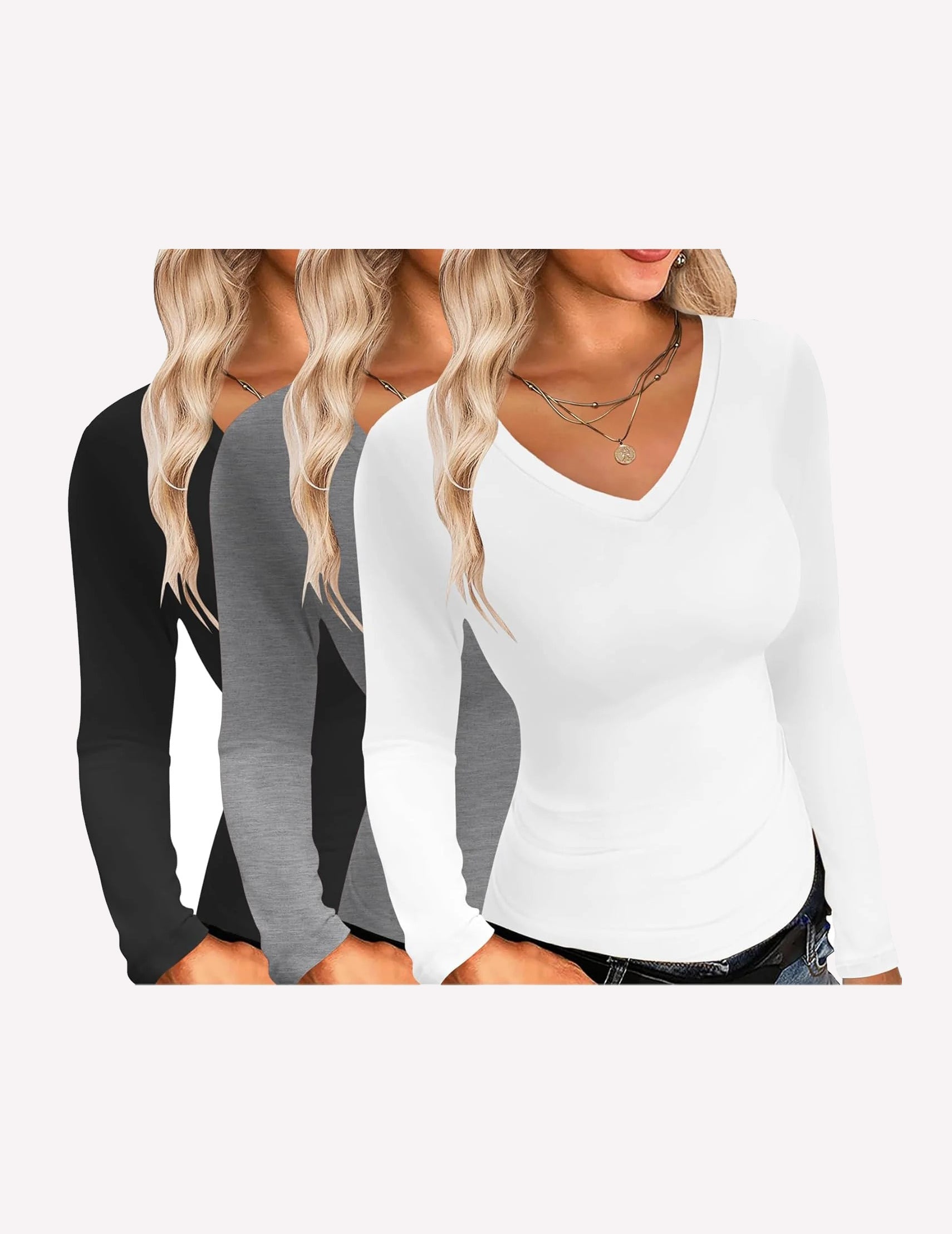 3-pack V-neck long sleeve slim-fit shirts (black, dark gray, white)