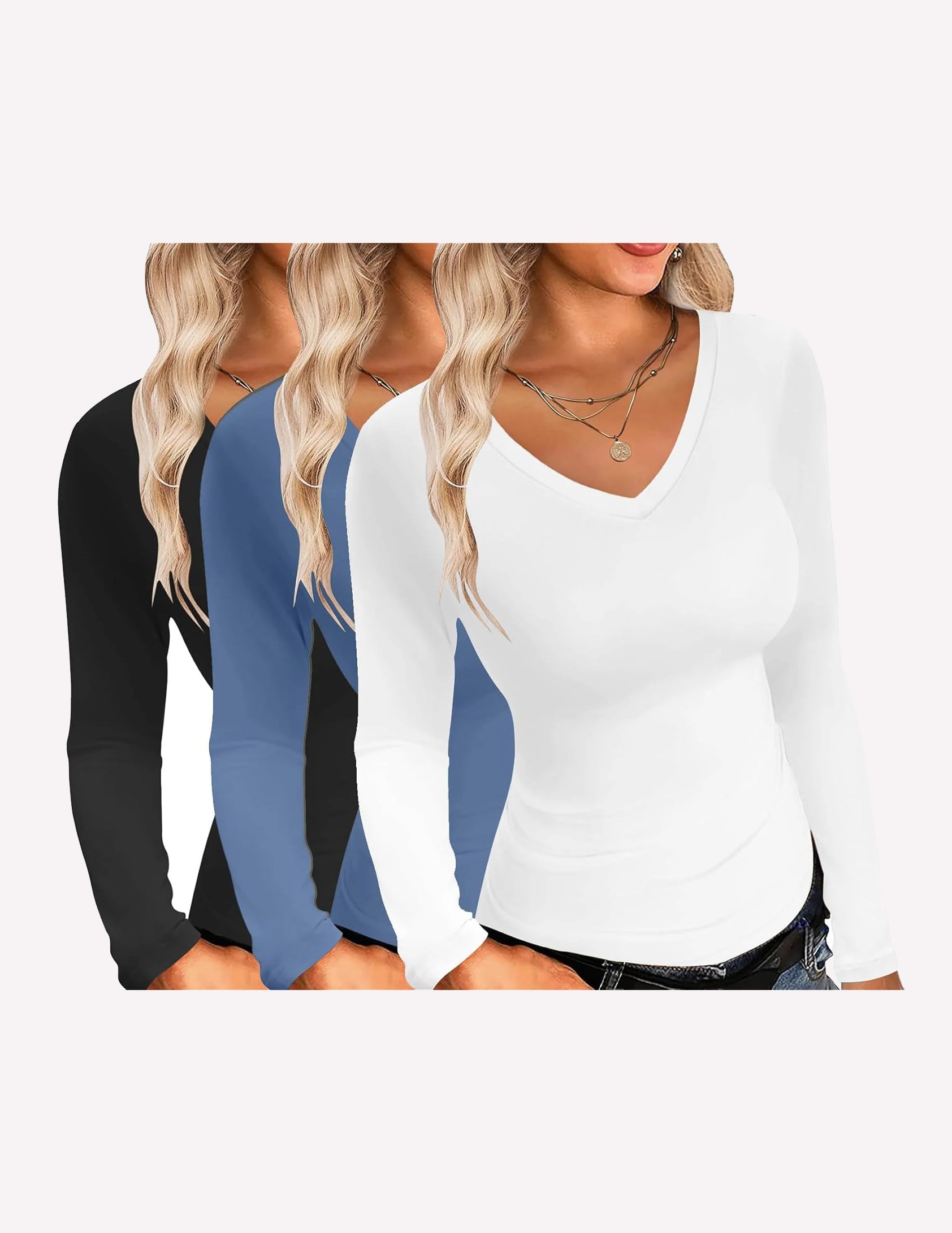 V-neck long sleeve slim fit tops, black, blue, white (3-pack)