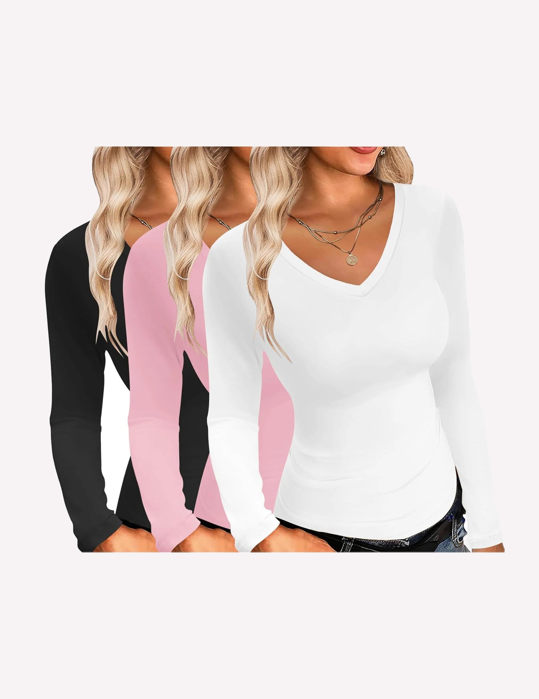 V-neck long sleeve slim fit tops, black, pink, white (3-pack)