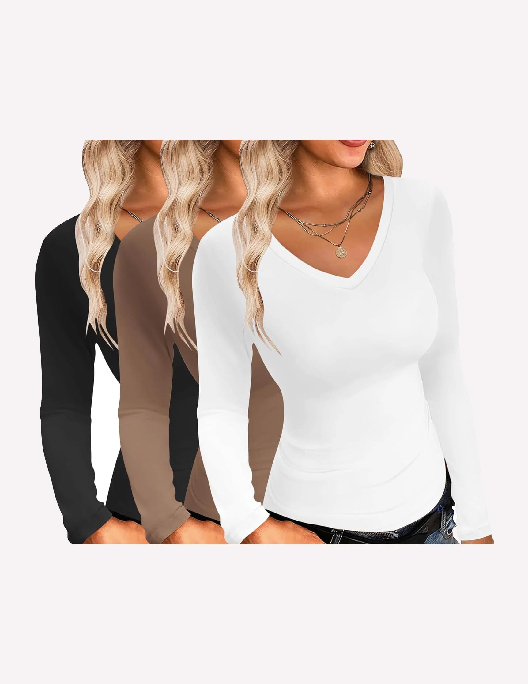 V-neck long sleeve slim fit tops, black, taupe, white (3-pack)