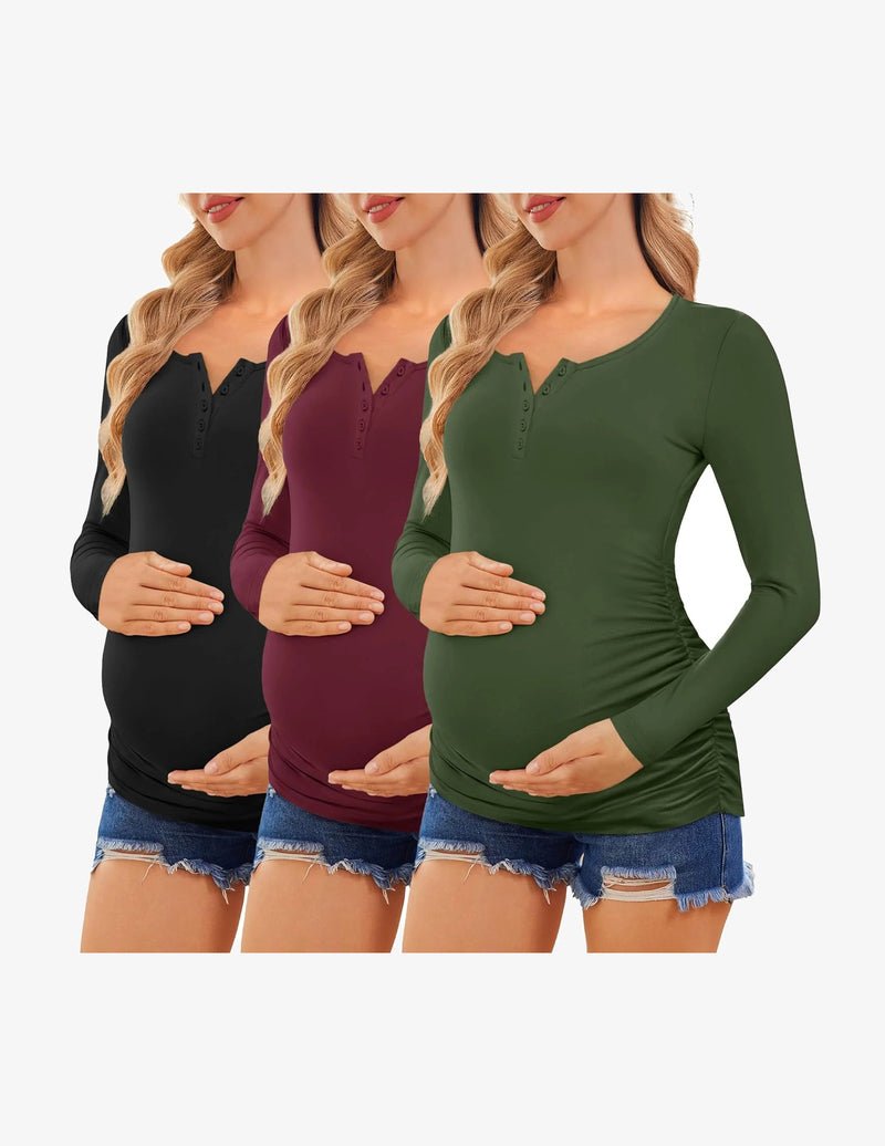 3-pack long-sleeve maternity henley shirts: black, burgundy, dark green