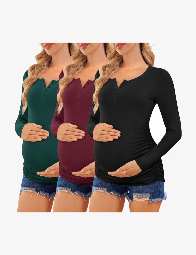 3-pack long-sleeve maternity henley shirts: dark teal, burgundy, black