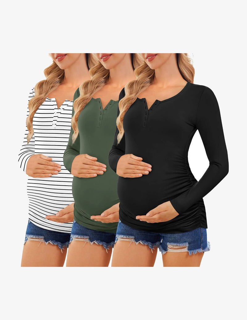 3-pack long-sleeve maternity henley shirts: striped white/black, deep green, black