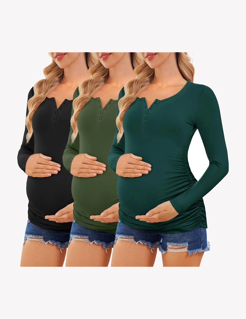 3-pack long-sleeve maternity henley shirts: black, green, deep green