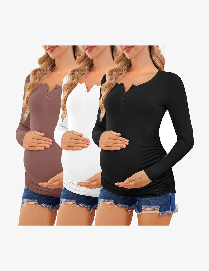 Dreier-Set Umstandslangarmshirts mit Knopfleiste: dunkelbraun, weiß, schwarz
