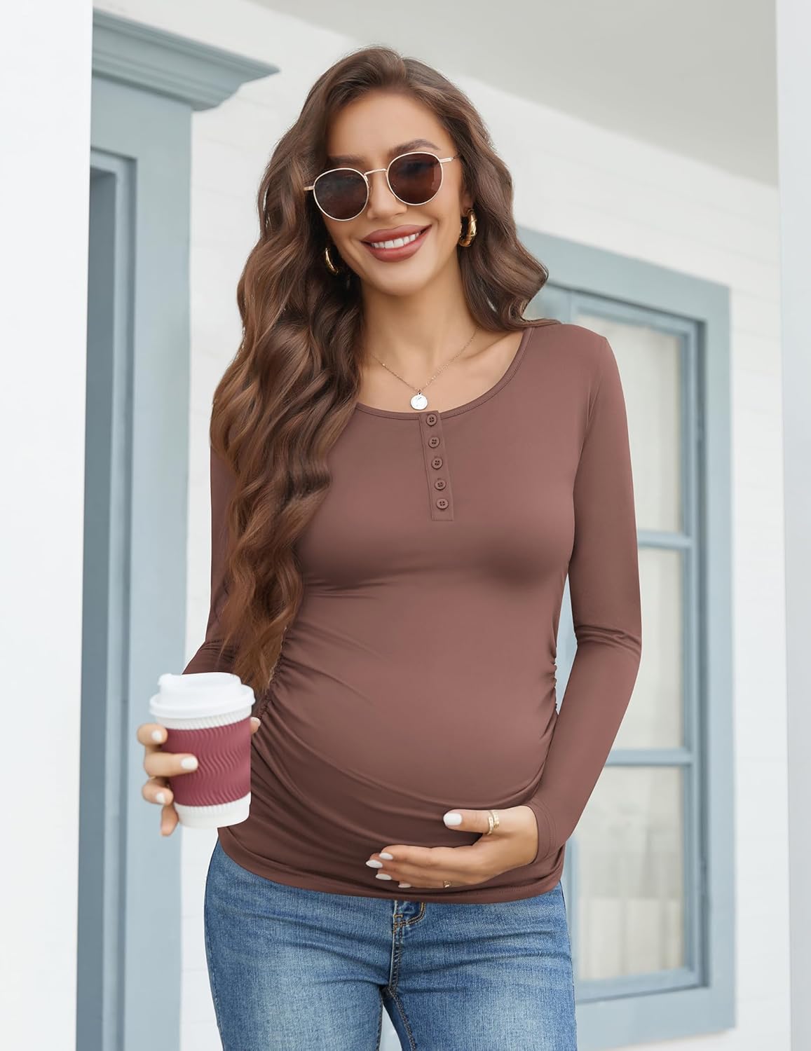 Maternity long-sleeve shirt, taupe/brown with front button placket
