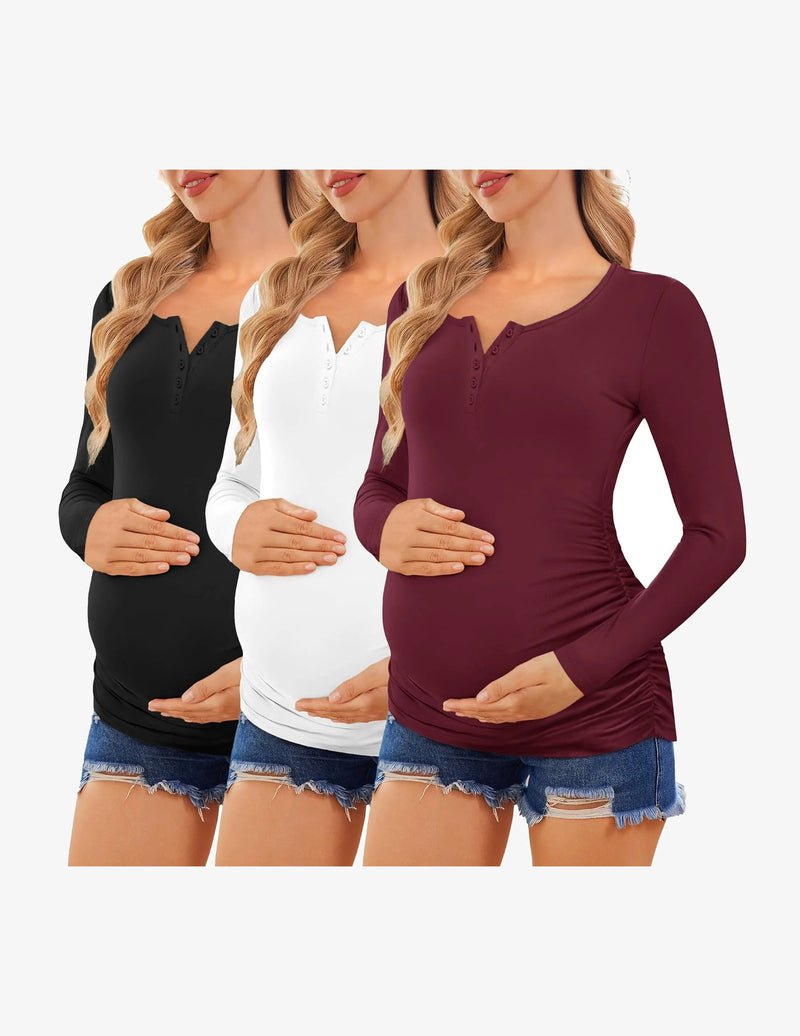Dreier-Set Umstandslangarmshirts mit Knopfleiste: schwarz, weiß, bordeaux